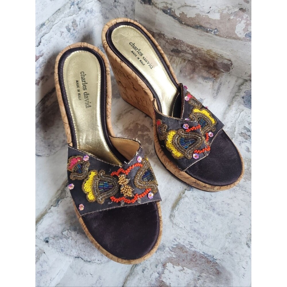 Charles David Women's Embellished Cork Wedge Sandals - Black & Gold, Size 8.5